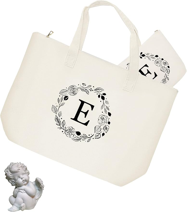 Personalized Initial Canvas Tote Bag with Zipper, Present Bag with Inner Pocket & Make Up Bag, Great Gifts for Women, Mom, Teachers, Friends, Bridesmaids