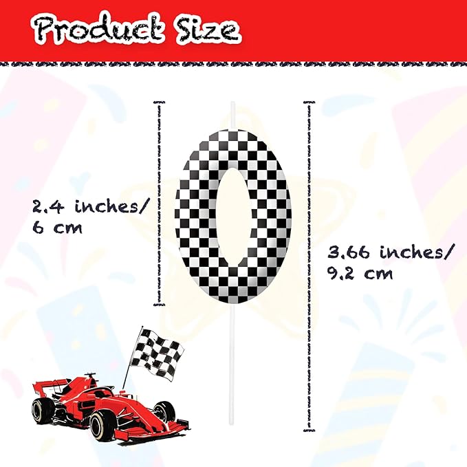 Racing Cars Number 0 Birthday Candles, Black White Checkered Flag Themed Cake Topper for Boys Girls, Cake Decorations for Birthdays, Race Car Theme Party Supplies, Candles for Party Decorations