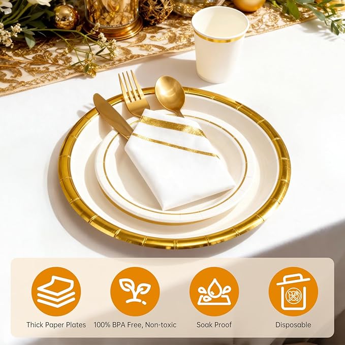 AIRE 175PCS White Gold Paper Plates Party Supplies Dinnerware Sets for 25 Guests, Disposable Paper Party Plates, Cups and Napkins, Gold Plastic Forks Knives Spoons for Wedding Birthday BBQ Parties