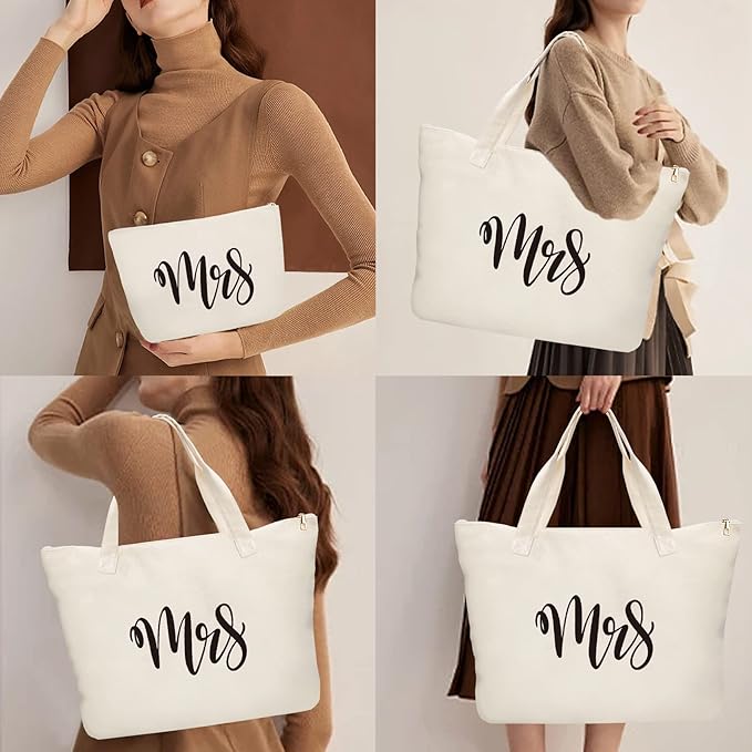 Mrs Canvas Tote Bag with Zipper, Bride Gifts for Bachelorette Party, Engagement, Wedding, Bridal Shower