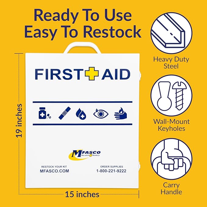 MFASCO OSHA/ANSI 2021 Class B Compliant First Aid Cabinet - Large 3-Shelf Wall Mount Kit for Office, Commercial Businesses - Complete Metal First Aid Box with Supplies - No Medications