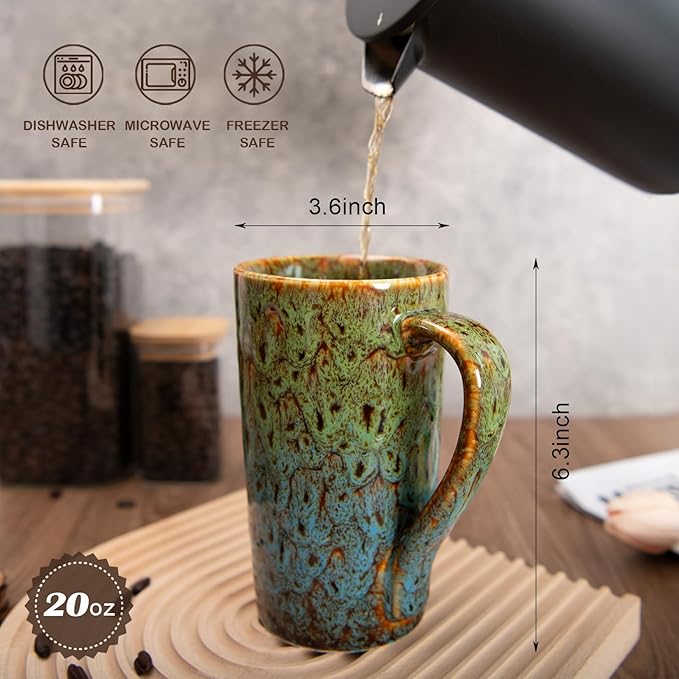 20oz Porcelain Coffee Mugs Set of 2, Large Tall Coffee Mugs with Handles, Modern Ceramic Coffee Cups for Tea, Cocoa, Milk, Gifts for Women Men - Green & Blue