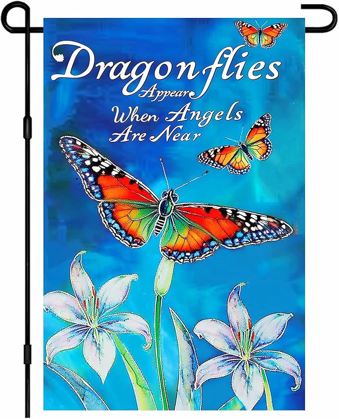 IVN Dragonfly Butterfly Garden Flag 12x18 Inch Double Sided Blue Flower Outdoor Yard Flag for Home Front Door Lawn Porch Summer Decor