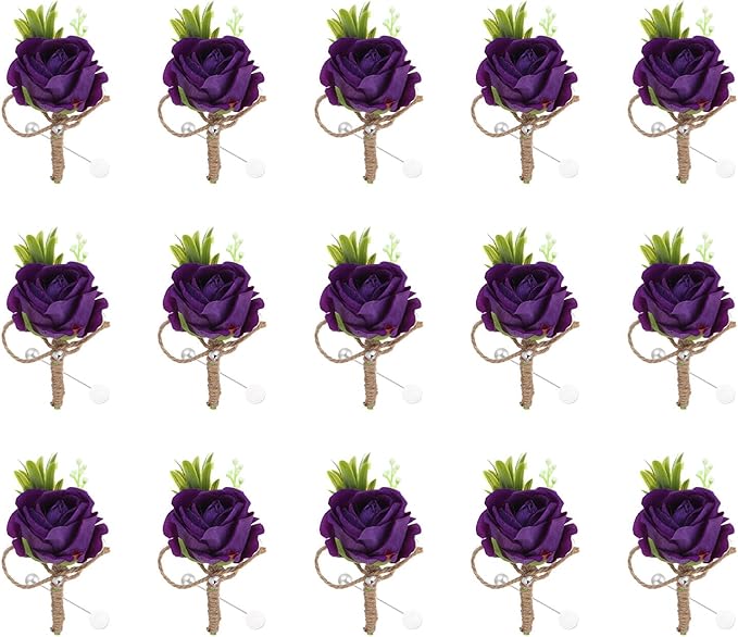 MECCANIXITY 15PCS Men Boutonnieres Corsages, Deep Purple Rose Groomsmen Corsage Wristlet with Pins for Wedding Ceremony Anniversary, Dinner Party
