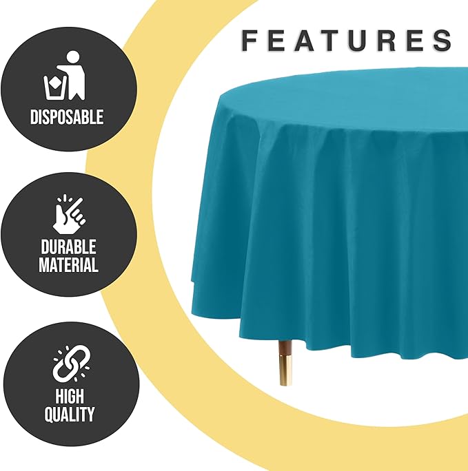 Exquisite 66% Thicker Premium Turquoise Round Tablecloth 0.5 Mil 6 Pack Plastic Table Cloth Disposable 84 Inch Round Plastic Tablecloth Won't Tear Easily Like Cheap Thin Brands