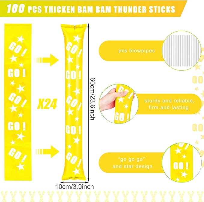 Hungdao 100 Pcs Thunder Sticks Spirit Boom Sticks Cheerleading Football Noise Makers Inflatable Noisemakers for Party Dance Basketball Sporting Event