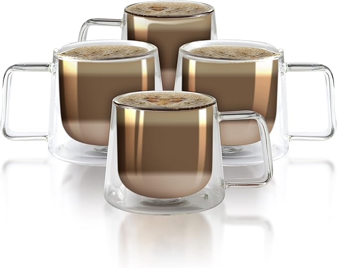 LEMONSODA Double Walled Glass Coffee Drink Mug with Handle - Set of 4 (250 mL / 8.5 fl. oz) Insulated Thermal Mugs Glasses For Tea, Coffee, Latte, Cappucino, Cafe, Milk - Housewarming Gifts