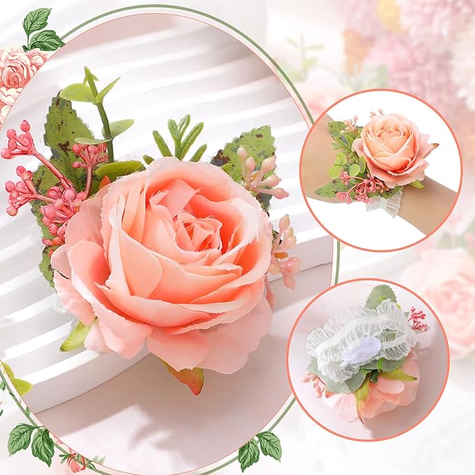 Jexine 12 Pcs Rose Wrist Corsage Bracelets Wedding Bridal Wrist Artificial Flower Wristband Flower Hand Decor for Bride Bridesmaid Homecoming Prom Party Decor(Pink Elegant)
