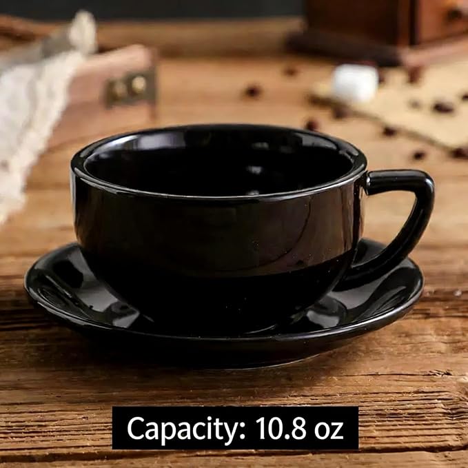 Ceramic Latte Mug, 10.82oz Barista Cup with Saucer, 7mm Thickened Rim Ceramic Cappuccino Cup, Vintage Latte Art Mug for Home & Café (Bright Black)