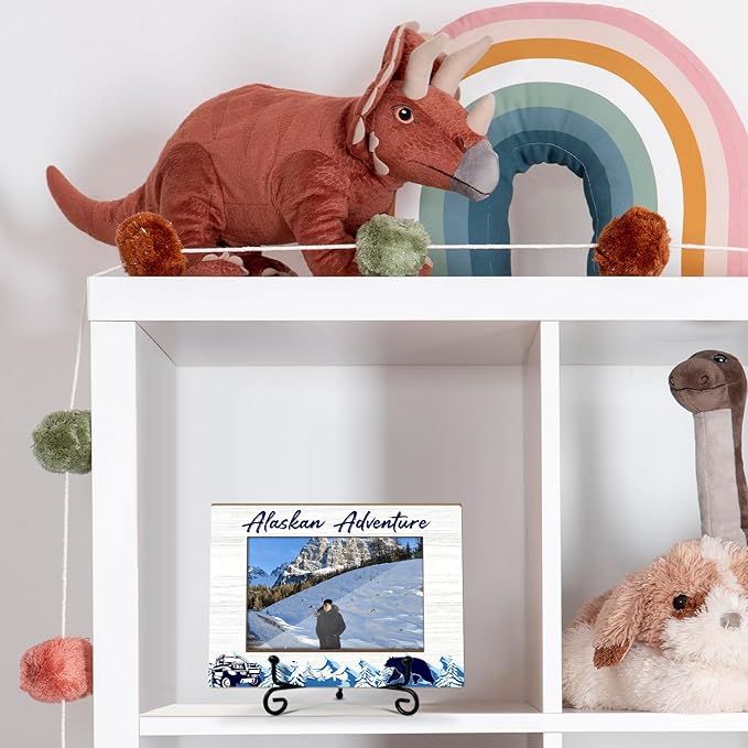 Lesixur Alaska Adventure Photo Frame with Iron Stand, Alaska Vacation Friendship Gifts for Friends Family Couples, 4x6 Wooden Picture Frame for Tabletop Desktop Display, Home Table Decor -048