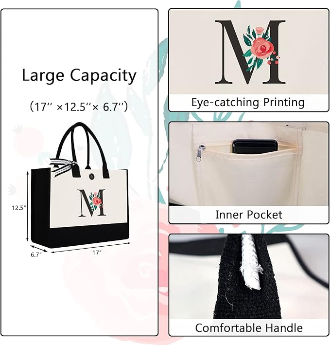 Initial Canvas Tote Bag, Personalized Birthday Gifts for Women Mom Friends Teachers, Monogrammed Tote Bags Suitable for Mother's Day Wedding Beach (LetterM )