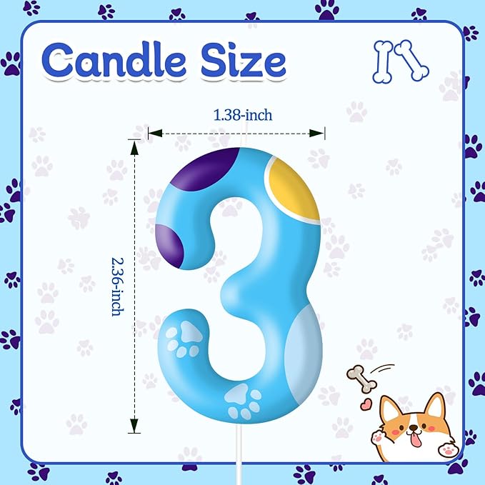 Blue Dog Paw Birthday Candles Cake Topper Numeral Birthday Candles for Boy Girl Dog Paw Decoration(Number 3)
