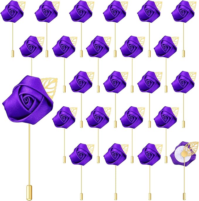 Zeyune 24 Pcs Boutonniere Rose Boutonniere Wedding Buttonholes Pocket for Men Wedding for Prom Party (Purple)