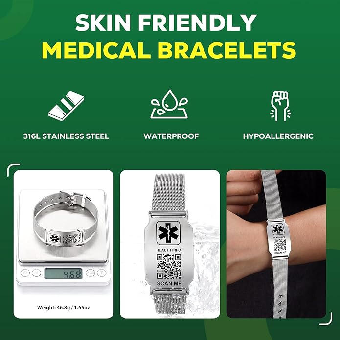 Upgraded Medical Bracelets Men Women with QR Code Medical Alert ID Bracelets - Titanium Steel Wristband Fits Wrists Up 8''-10'' - More Space Custom Emergency Med ID Info
