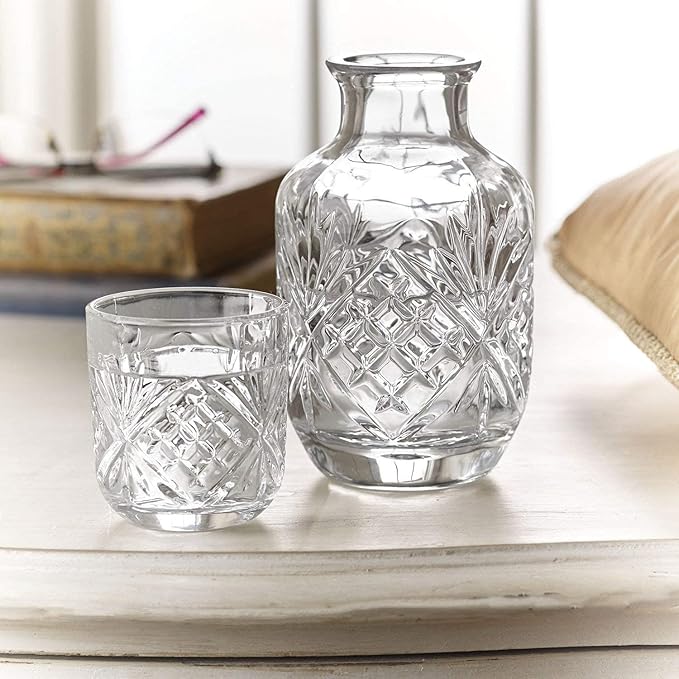 Crystal Bedside Night Carafe Pitcher and Water Glass Tumbler Set, Bedroom Nightstand Water Pitcher and Cup Set (Pack of 2)