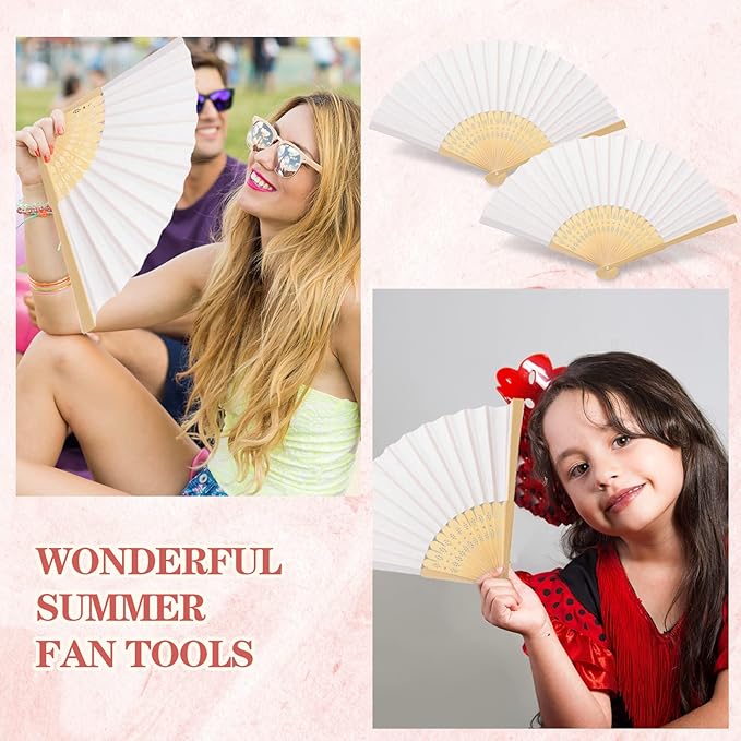 Yinkin 100 Pack Folding Fans Bamboo Handheld Folded Craft Hand Japanese Chinese Fans for Weddings Bridal Dancing Church DIY Decoration Women Gift Party Favors (White)