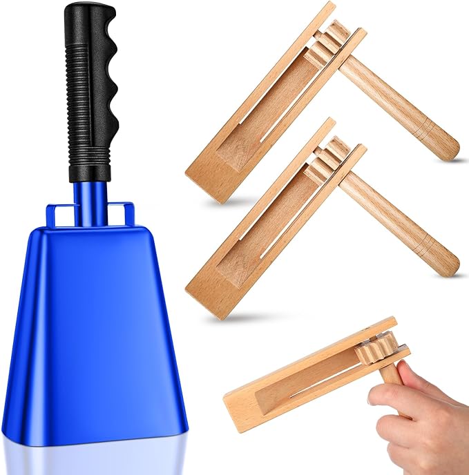 Nuanchu 10 Inch Cowbell Noise Makers for Sport Event Steel Cowbell with Handle and 2 Pcs Wooden Spinning Rattle Ratchet Matraca Cheer Bell Alarm for Football Game Musical Percussion Instruments(Blue)