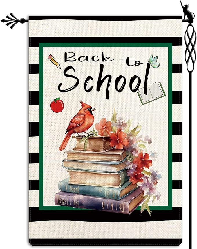 Jauageon Back to School Garden Flag Cardinal Books Garden Flag First Day of School Vertical Double Sided Rustic Farmland Burlap Yard Lawn Outdoor Decor 12.5x18"