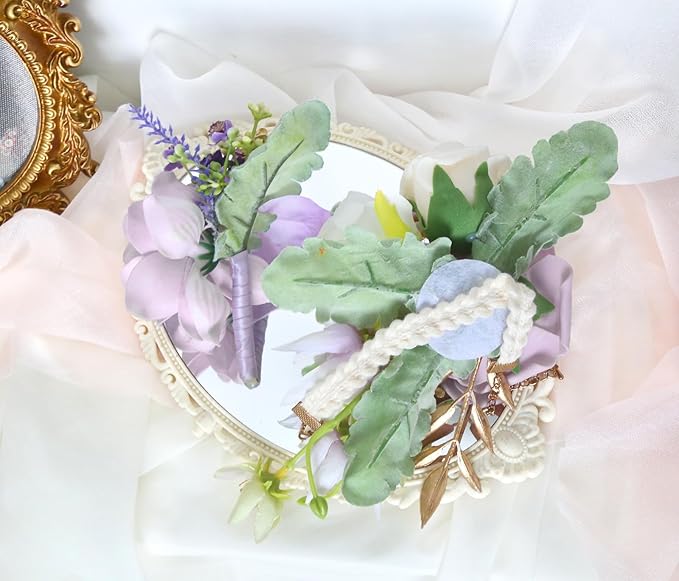 2Pcs Wedding Corsage and Boutonniere Set Purple Rose Corsage Wristlet and Boutonniere for Men Women Groom Bride Bridesmaid Groomsmen Wedding Party Accessory Prom Decoration (Purple)