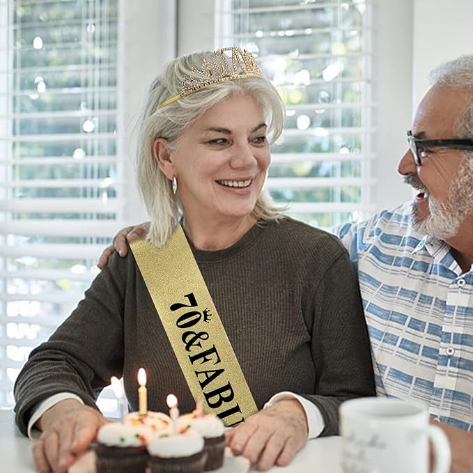 Casoty Gold 70th Birthday Decorations, 70th Birthday Sash and Tiara for Women, 70 & Fabulous Sash and Tiara, Happy 70 Birthday Party Favor Supplies for Women, 70th Gifts for Her