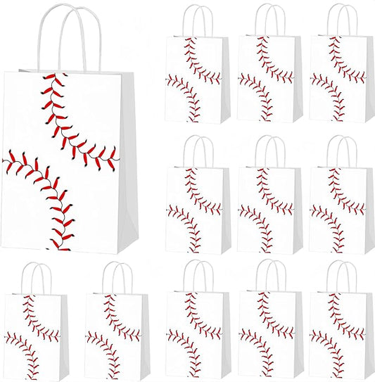 12 Pack Baseball Party Favors Gift Bags with Handles - White Kraft Paper Goodie Treat Bags for Kids Team, Boys Birthday, End of Season Sports Snack Loot Bags, Team Celebration Decorations Supplies