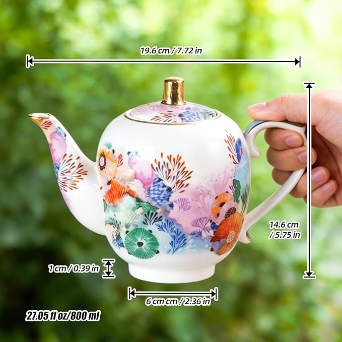 KAMMAK Tea Set for Adults Ceramic Tea Pots and Tea Cup Set, Colorful Tea Cups and Saucers Set for Afternoon Tea, Party, Home, Office, Mordern Porcelain Tea Set with Gold Rim（Coral Secret Realm）