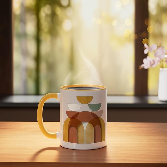 Mid-Century Modern Abstract Landscape Earthy Boho Arches Ceramic Mug, Yellow/White