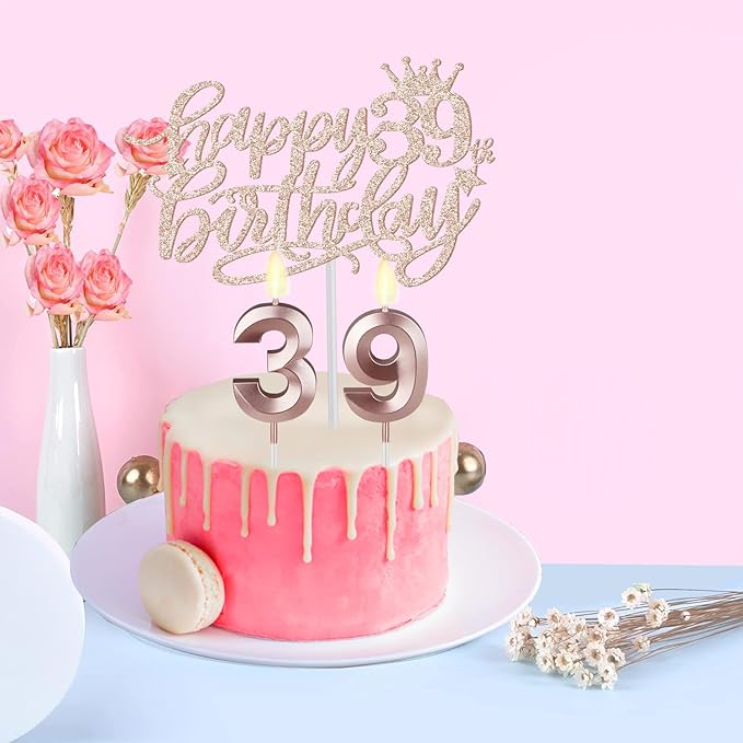 39th Birthday Decorations, Rose Gold Sash, Crown, Candles & Cake Topper, Set of 6 for Women