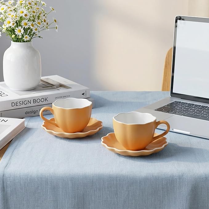 Ceramic Espresso Cups with Saucers 6 oz,Coffe Cups for Cappuccino,Latte,Tea with Saucers Set of 4 - Flower - Caramel Brown