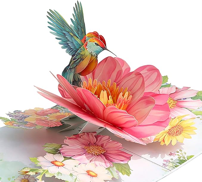3D Hummingbird and Flower Pop Up Card, 3D Flower Greeting Pop-Up Card for Birthday, Anniversary, Thank You, Mother’s Day, Thinking of You, Nature Lovers Gift for Women and Mom