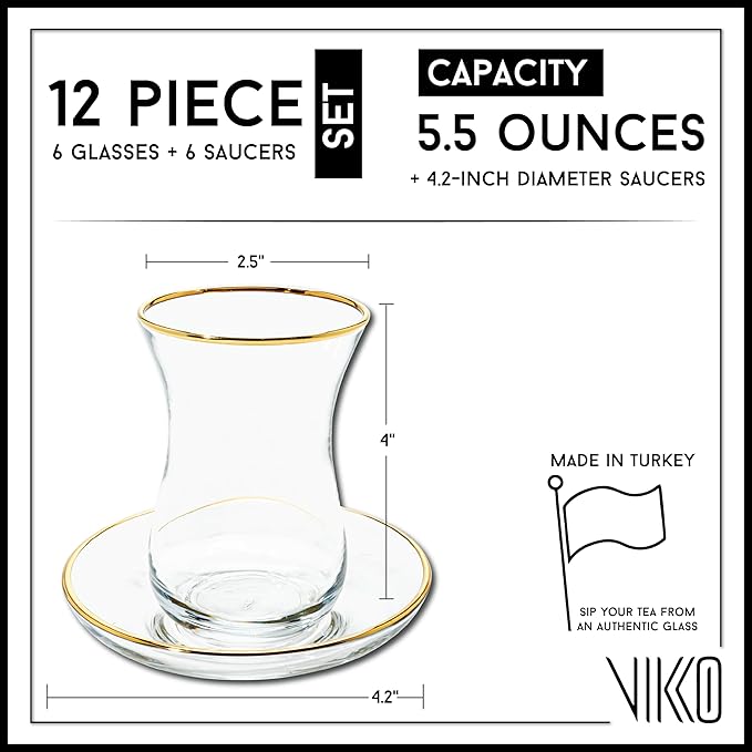 Vikko Turkish Tea Glasses & Saucers, Set, 6 Cups and 6 Plates, 5.5 Oz Tea Cups, Turkish Glass Tea Set For Six, Clear Glass Tea Cups And Saucers, Gold Accented