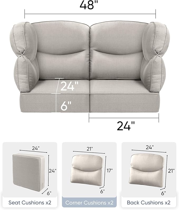 Luxury 24x24x6 Patio Cushions for Outdoor Furniture Set of 2 - Water-Repellent 6-Piece Cushion Set for Outside Wicker Couch Loveseat Chair Sectional Patio Conversation Sets - Beige/Smile