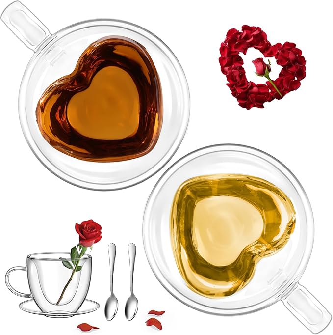 glastal Espresso Cup 5oz Double Walled Glass Coffee Mugs Tea Cups with Handle Saucer Set of 2 Heart Shaped Milk Juice Cups Drinking Glasses Birthday Wedding Valentines Gifts for Couples Parents Wife