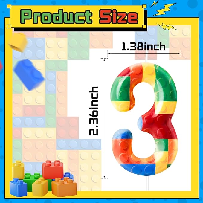 Building Block Themed Birthday Candle Number 3 Candle Birthday Party Decoration Cake Topper for Building Block Party Decoration Theme Parties Supplies (Number 3)