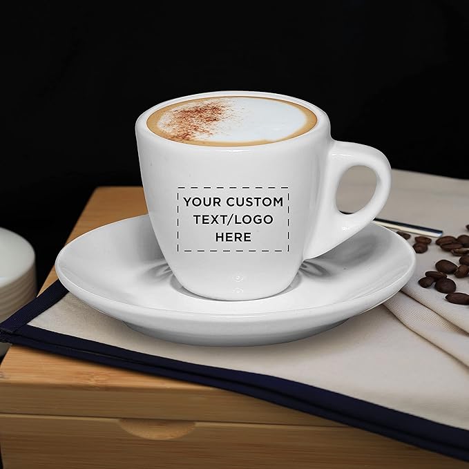 Custom Espresso Cups with Saucer 2.5 oz. Set of 50, Personalized Bulk Pack - Perfect for Coffee, Tea, Espresso, Hot Cocoa, Other Beverages - White