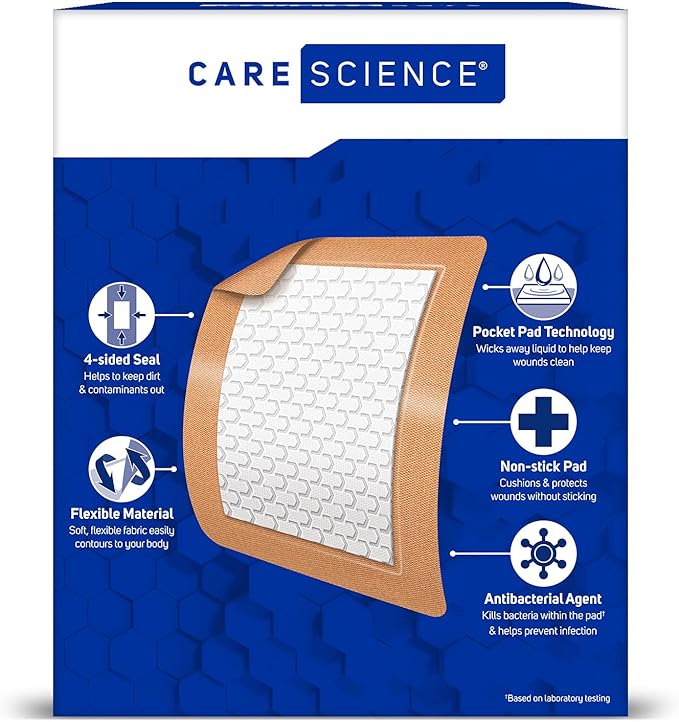 Care Science Fabric Adhesive Pad Bandages, 3x4 inches Extra Large Flexible Non-Stick Strip, Helps Prevent Infection, Breathable Protection, for First Aid & Wound Care, 30 Count