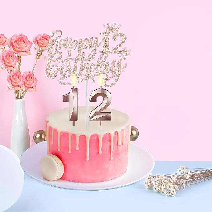 12th Birthday Decorations for Girls Including Sash, Crown/Tiara, Candles and Cake Topper, Rose Gold 12 Year Old Birthday Party Decorations for A Girl