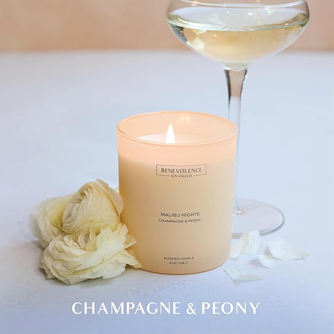 Champagne & Peony – Benevolence LA Scented Candle | 8oz, 45-Hour Burn | Natural Soy Wax, Cotton Wick | Romantic & Elegant Home Fragrance | Malibu Sands Collection – Gift for Women & Men