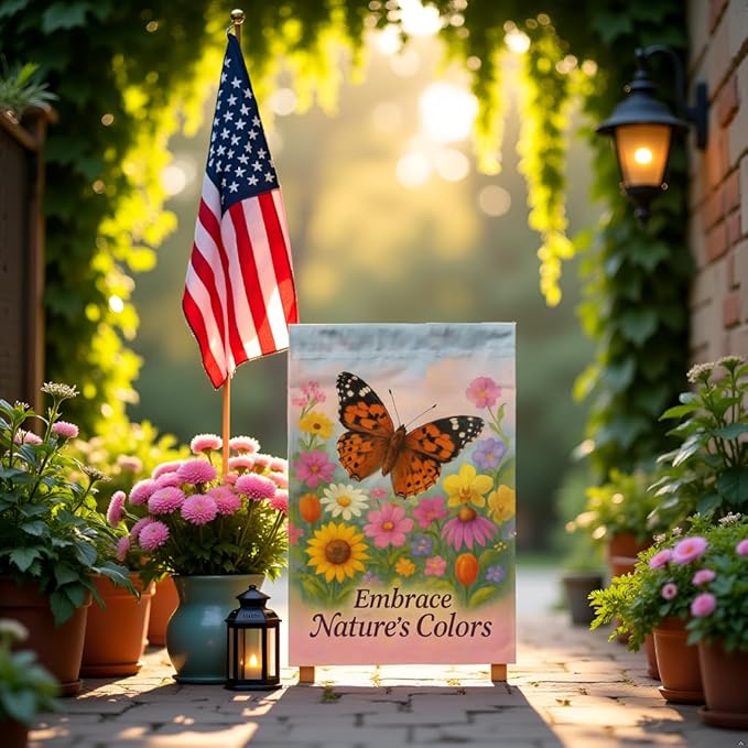 FLAGMEUP8386 Welcome Butterfly Garden Flag 12x18 Inch Double-Sided Polyester Fall Flag with Monarch and Painted Lady on Wildflowers, “Embrace Nature’s Colors Quote Autumn Outdoor Decoration