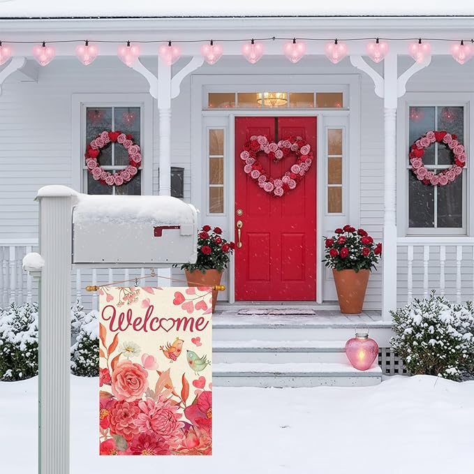 ZAEW Welcome Valentine’s Day Garden Flag Love Birds Yard Flag 12x18 Inch Double Sided Small Mini Yard Outdoor Outside Holiday Decoration