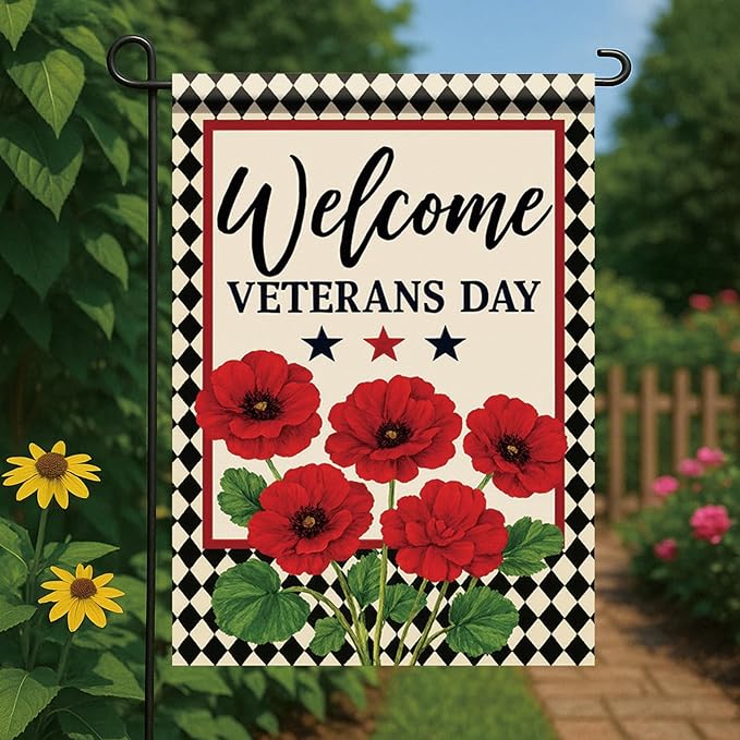 Starlit Patio Buffalo Plaid Welcome Wreath Flag Veterans Day Garden Flag Red Poppy Flower 12x 18 Inch Double Sided Spring Outdoor Fall Autumn Farmhouse Outdoor Small Decor for Porch Lawn Patio Yard