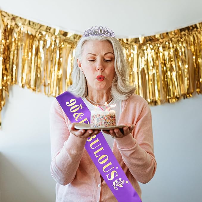 Casoty Purple 90th Birthday Sash and Tiara for Women, 90th Birthday Decorations Party Supplies for Women, Purple 90 & Fabulous Sash and Crown Set, Gifts for Her
