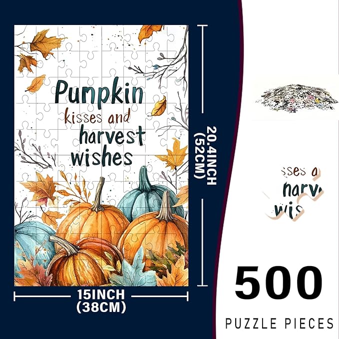 500 Pieces Wooden Jigsaw Puzzle Pumpkin Kiss and Harvest Blessing Thanksgiving Day Challenging Educational Fun Family Games Toys Gifts Family Activities 20.4x15 Inch