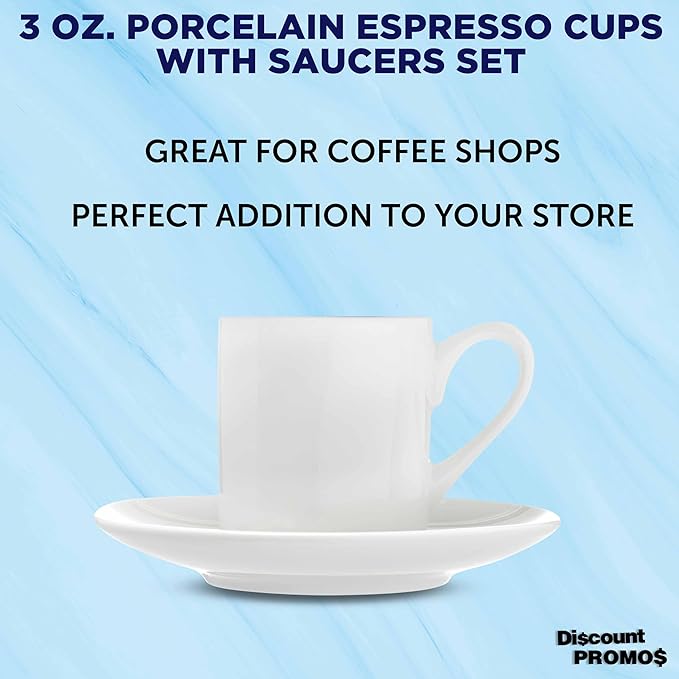 DISCOUNT PROMOS Espresso Cups with Saucers 3 oz. Set of 10 - Practical, Porcelain, Coffee Shops - White