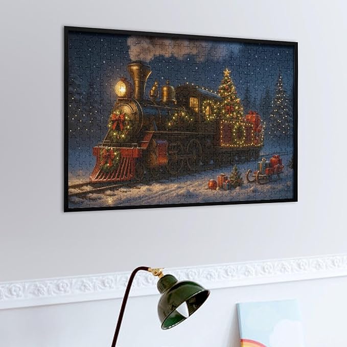 Christmas Train and Tree 1000-Piece Wooden Jigsaw Puzzle, Festive Holiday Scene, Cozy Indoor Fun, Family Game Night, Relaxing Stress-Relief Gift
