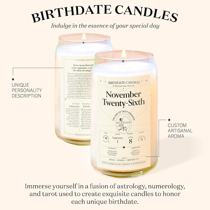 Birthdate Candles, November 26 - Sagittarius Zodiac Scented Candles Birthday Gift - Rose, Neroli & Water Lily Scent - All-Natural Soy & Coconut Wax, 60-80 Hour Burn Time - Made in USA