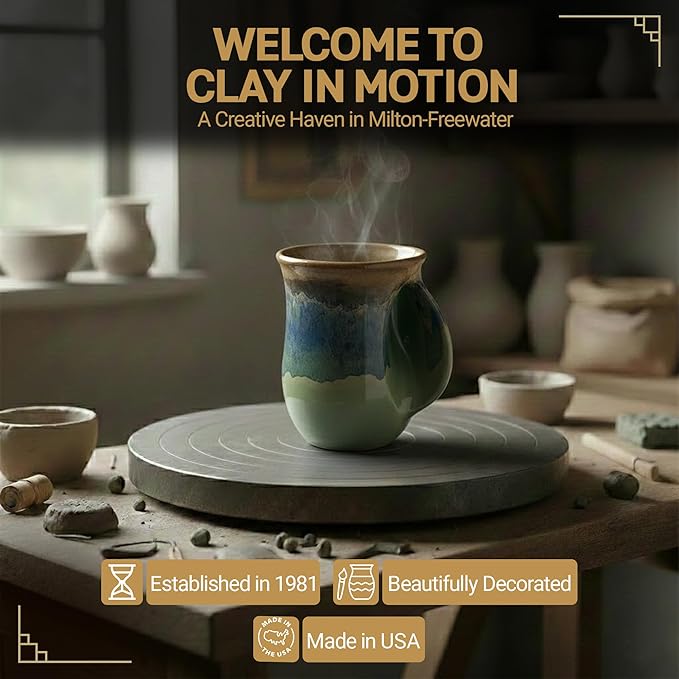 Clay in Motion Hand Warmer Coffee Mug – Handmade Coffee Mug With Comfortable Handle Contoured Pocket Hand Warming Ceramic Coffee Mug – Proudly Made in USA – Right Handed – 14 Oz - Mountain Meadows