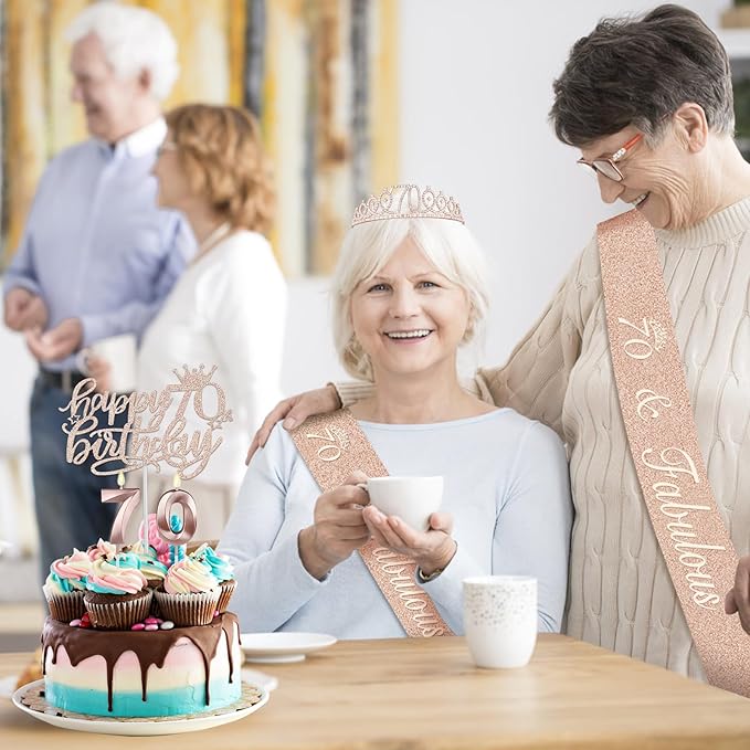 70th Birthday Decorations for Women, Including Sash, Crown/Tiara, Candles, Cake Topper, 70th Birthday Gifts for Women