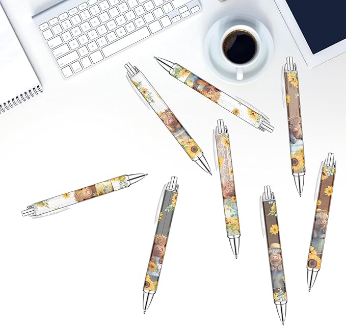 Idealmuzik 8 PCS Cute Highland Cow Print Pens, Cow Lovers Gifts, School Office Supplies, Gifts for Women Girls Teen Christmas New Year