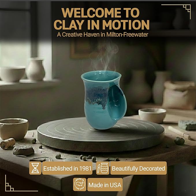 Clay in Motion Hand Warmer Coffee Mug – Handmade Coffee Mug With Comfortable Handle Contoured Pocket Hand Warming Ceramic Coffee Mug – Proudly Made in USA – Right Handed – 14 Oz - Raging Rapid